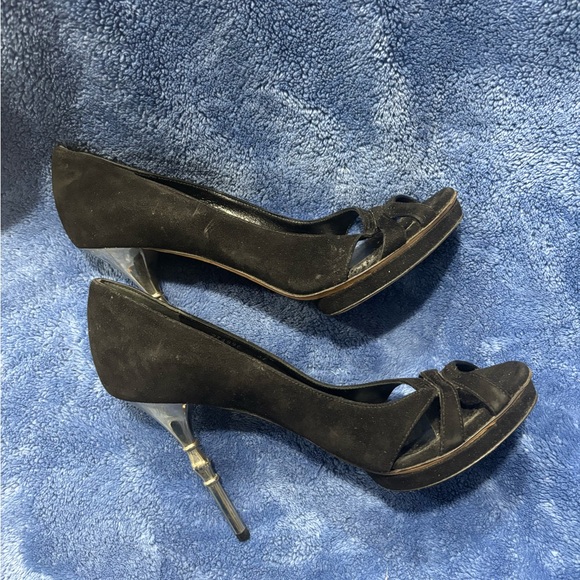 Gucci Debra Black Suede Bamboo Heel Open Toe Pumps - Picture 6 of 10